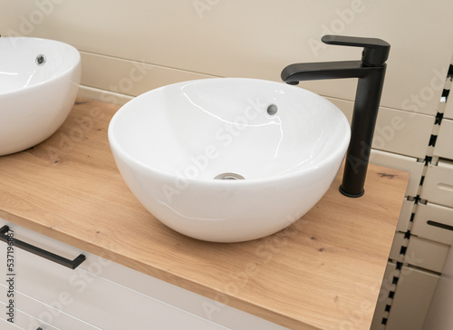 New White Sink with Faucet, Contemporary Wash Basin, Washbasin, Wash Bowl, Bathroom Interior