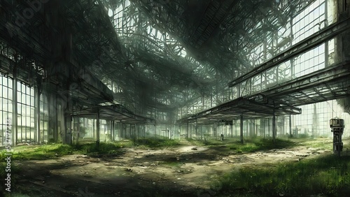 Abandoned plant overgrown with vegetation. concept art  interior.