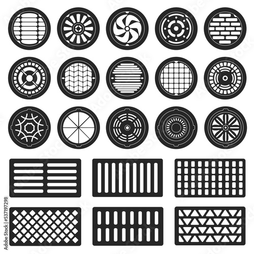 Manhole sewer vector black icon set . Collection vector illustration hatch street on white background. Isolated black illustration icon set of manhole for web design.