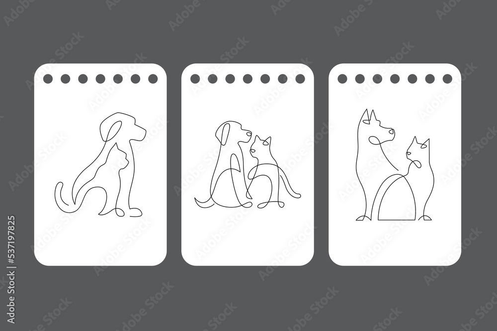 Dog and cat line drawing vector. continuous line dog and cat. line art