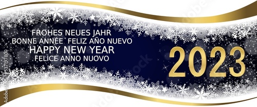 Greeting card with text Happy New Year 2023 in different languages 