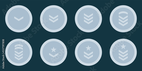Army Rank Silver Icon. Military Badge Insignia Symbol. Chevron Star and Stripes Logo. Soldier Sergeant, Major, Officer, General, Lieutenant, Colonel Emblem. Isolated Vector Illustration