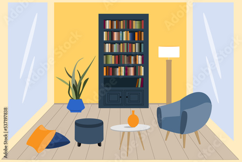 Interior of living room. Library room vector illustration. Gozy modern living room.