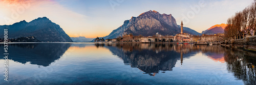 Panoramic view of the lakefront of the city of Lecco Italy Italian trip and travel destinations