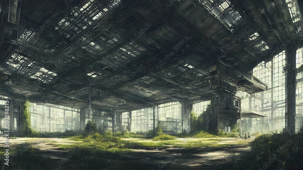 Abandoned plant overgrown with vegetation. concept art, interior.