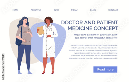 Pregnant woman visits doctor. Monitoring of maternal and fetal health. Prenatal care and gynecology. Website, template, landing page Vector characters flat illustration.