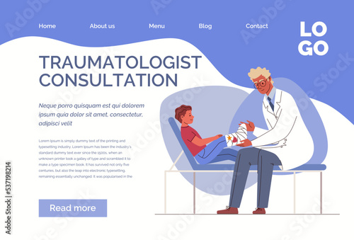 Traumatology examines and bandages child's broken leg, treatment in hospital. Vector characters flat cartoon illustration. Web template, landing page, website.