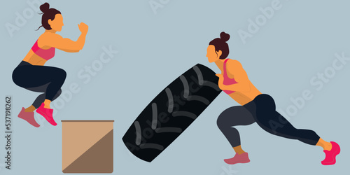 Women doing crossfit, circuit, functional training. Woman jumping on the box and lift up a wheel. Vector illustration.
