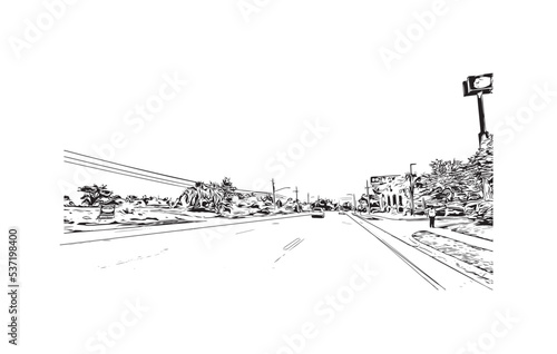 Building view with landmark of Panama is the 
country in Central America. Hand drawn sketch illustration in vector.