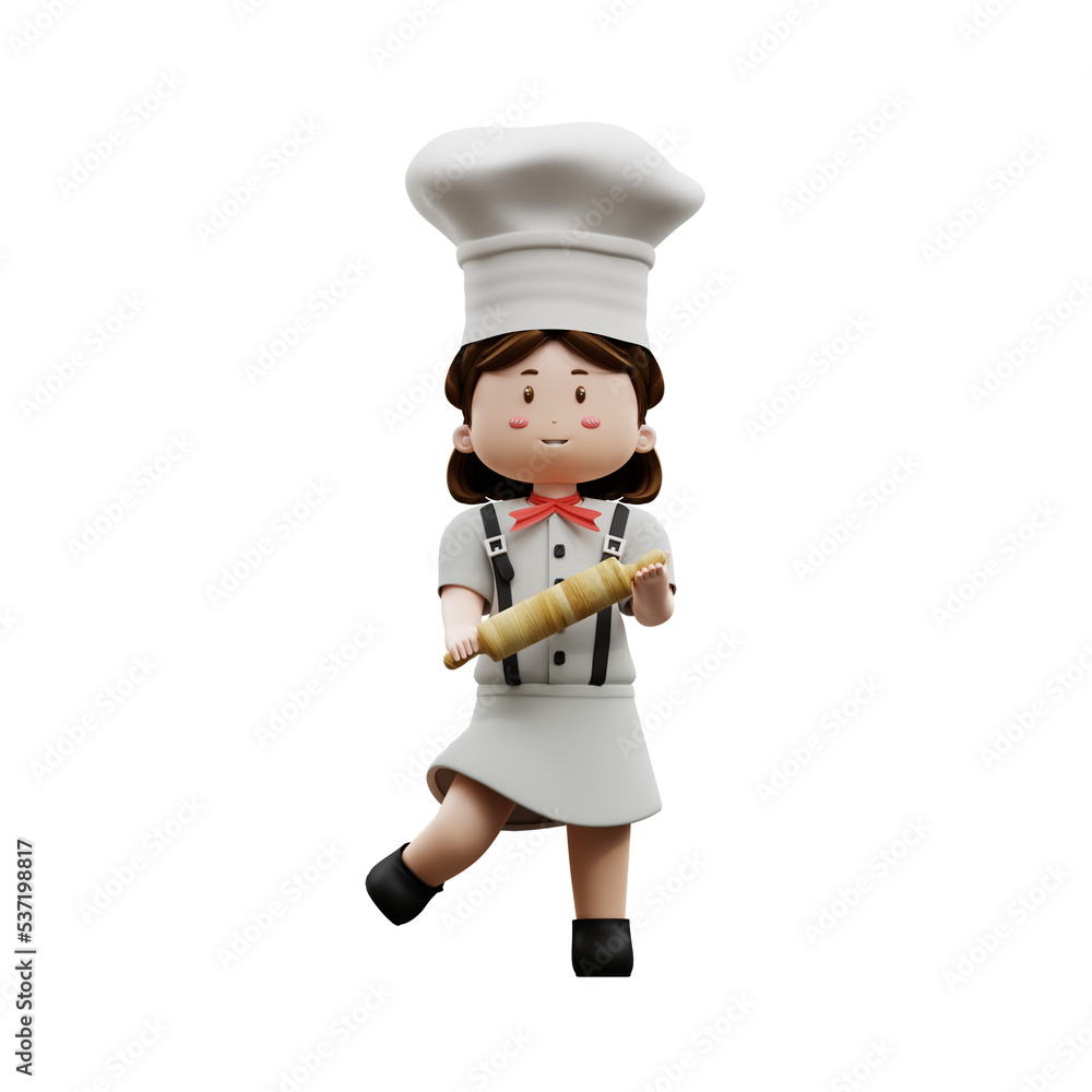 3d rendering female chef holding a roller pin 3d rendering female chef holding a roller pin