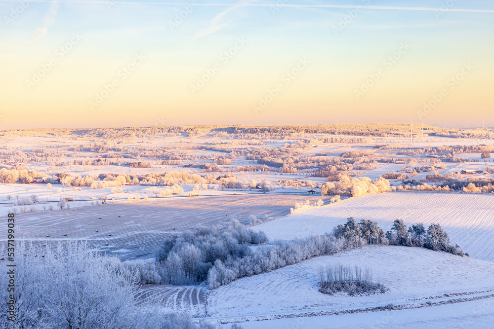 Scenic landscape view of a wintry countryside