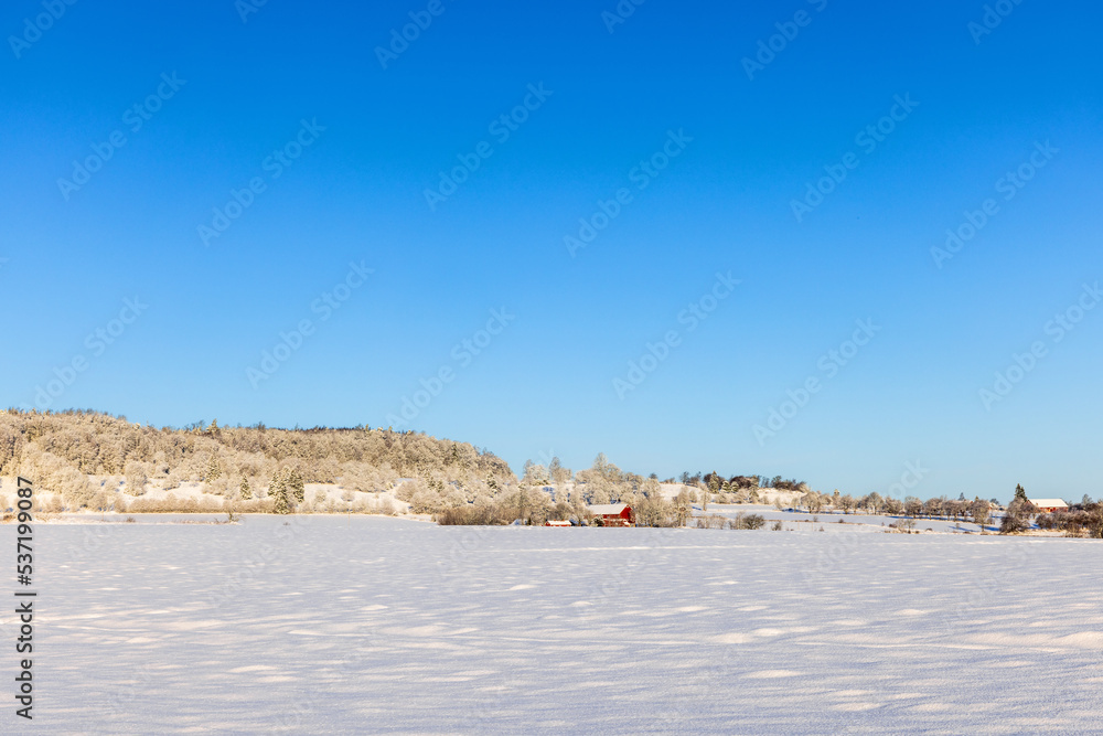 Beautiful snowy landscape view in the countryside