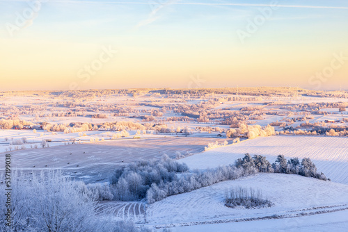 Scenic landscape view of a wintry countryside