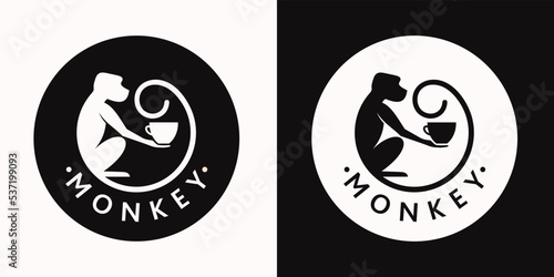 Monkey with a cup of coffee or tea. Logo or badge for coffee shops and cafes. Vector illustration. Special logo