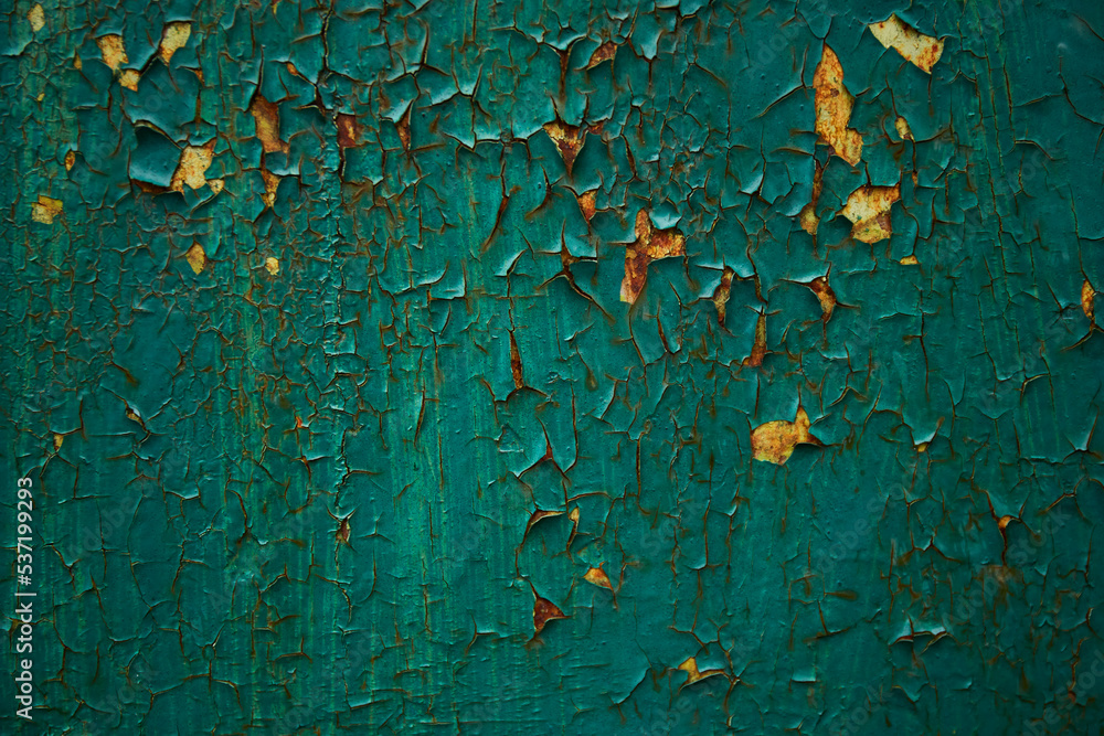Obraz premium Metal sheet rusty faded texture. Peeling green paint on a concrete wall. Steel plate background.
