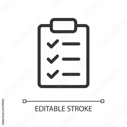 Checklist pixel perfect linear ui icon. Wellness to do list. Questions form. Feedback poll. GUI, UX design. Outline isolated user interface element for app and web. Editable stroke. Arial font used © bsd studio