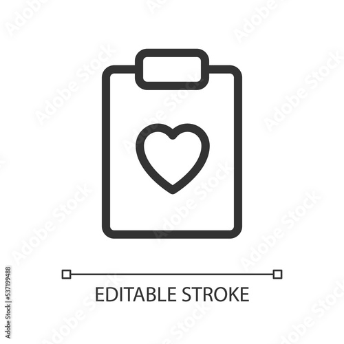 Health record pixel perfect linear ui icon. Medical history. Heart checkup plan. Healthcare. GUI, UX design. Outline isolated user interface element for app and web. Editable stroke. Arial font used