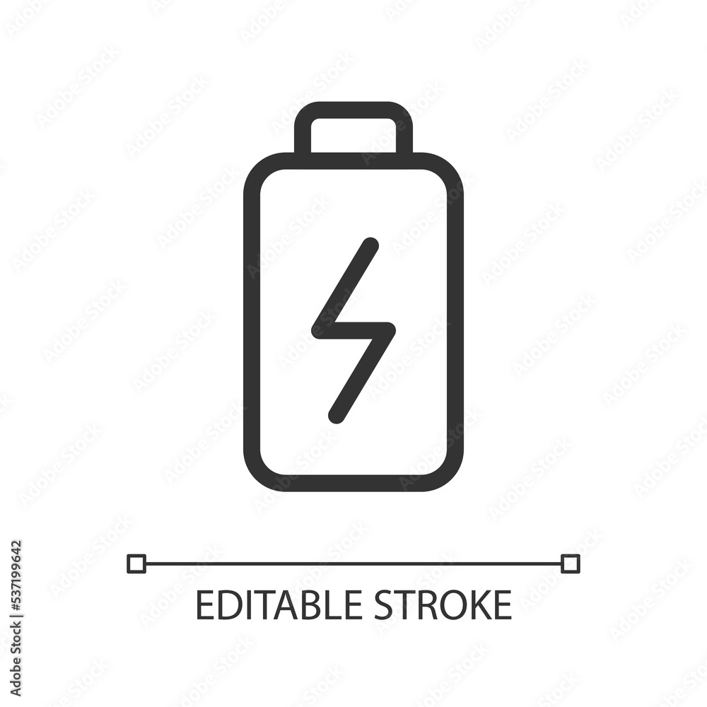 Battery pixel perfect linear ui icon. Accumulator charging. Physical strength. GUI, UX design. Outline isolated user interface element for app and web. Editable stroke. Arial font used Battery pixel perfect linear ui icon. Accumulator charging. Physical strength. GUI, UX design. Outline isolated user interface element for app and web. Editable stroke. Arial font used
