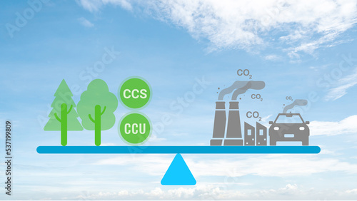 Carbon neutrality concept. Carbon dioxide reduction. CO2 gas emissions balance with carbon absorbed by trees and carbon capture technology. CO2 neutral balancing scale. Factory and transport pollution photo