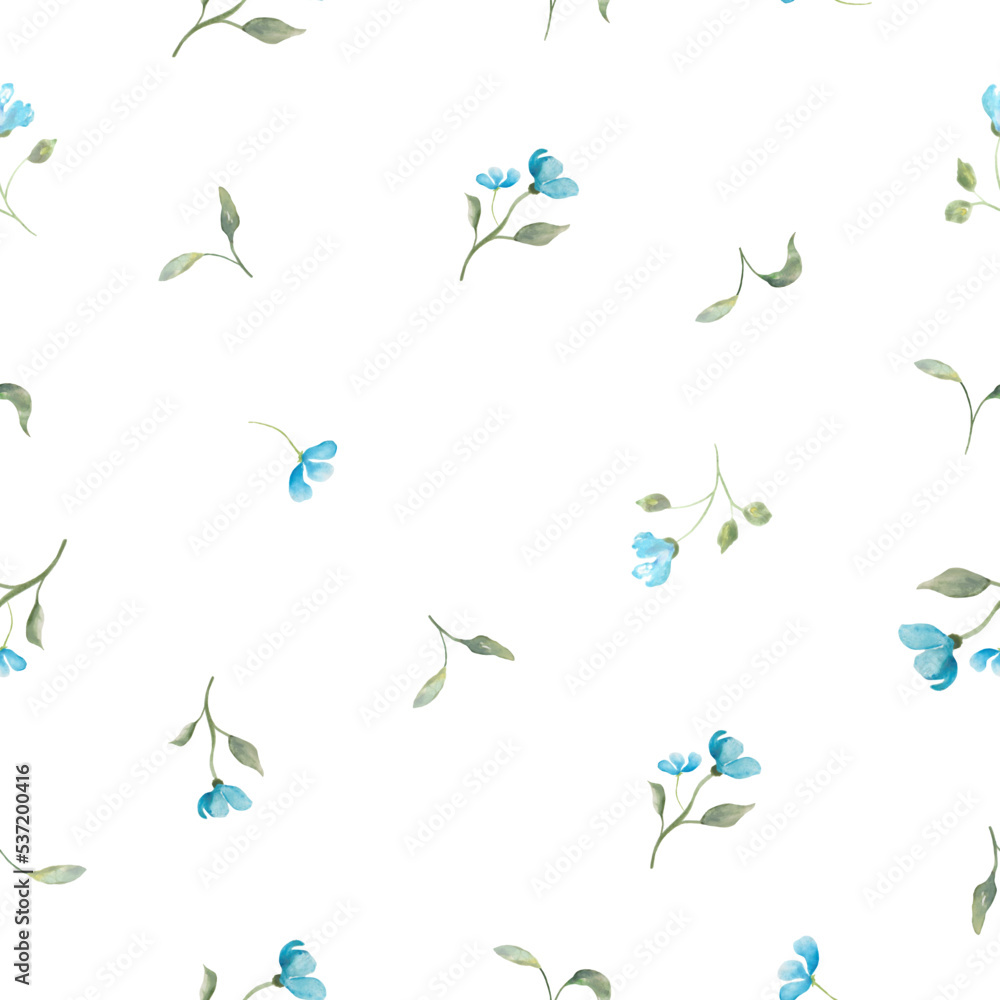 Watercolor seamless pattern with abstract blue flowers, leaves and brunches. Hand drawn floral illustration on white background. For interior, wall art, packaging, wrapping design or print. Watercolor seamless pattern with abstract blue flowers, leaves and brunches. Hand drawn floral illustration on white background. For interior, wall art, packaging, wrapping design or print.