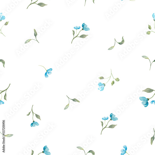 Watercolor seamless pattern with abstract blue flowers, leaves and brunches. Hand drawn floral illustration on white background. For interior, wall art, packaging, wrapping design or print.