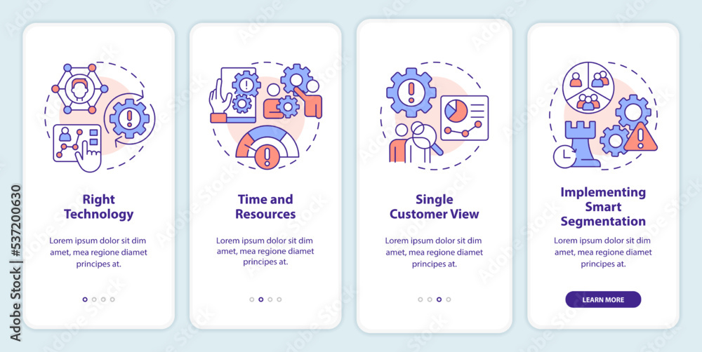 Challenges of personalized marketing onboarding mobile app screen. Walkthrough 4 steps editable graphic instructions with linear concepts. UI, UX, GUI template. Myriad Pro-Bold, Regular fonts used