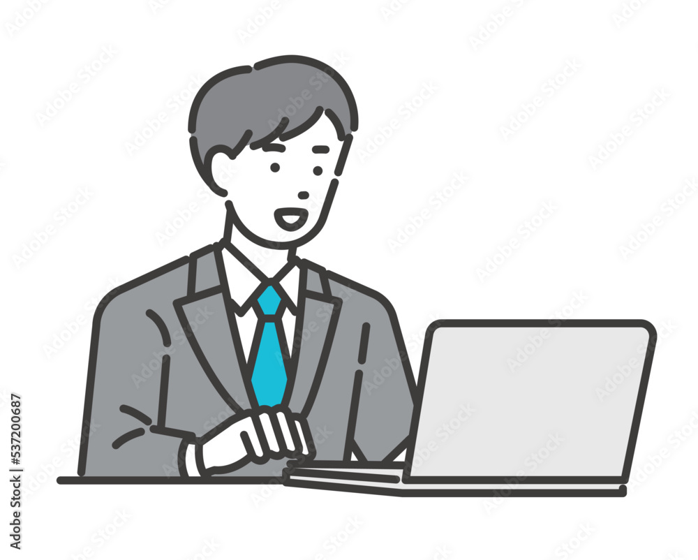 DX推進でパソコンを操作するビジネスマンのベクターイラスト素材/会社/IT/スーツ/効率化 DX推進でパソコンを操作するビジネスマンのベクターイラスト素材/会社/IT/スーツ/効率化