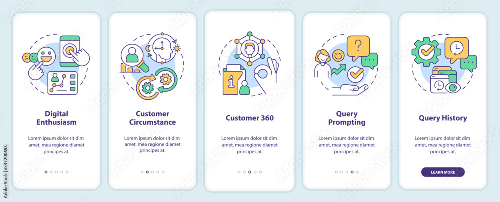 Principles of personalization onboarding mobile app screen. Marketing walkthrough 5 steps editable graphic instructions with linear concepts. UI, UX, GUI template. Myriad Pro-Bold, Regular fonts used