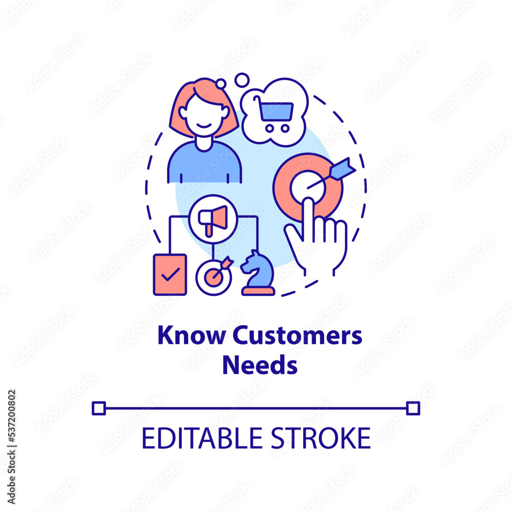Knowing customers needs concept icon. Personalized marketing plan. Target audience abstract idea thin line illustration. Isolated outline drawing. Editable stroke. Arial, Myriad Pro-Bold fonts used Knowing customers needs concept icon. Personalized marketing plan. Target audience abstract idea thin line illustration. Isolated outline drawing. Editable stroke. Arial, Myriad Pro-Bold fonts used
