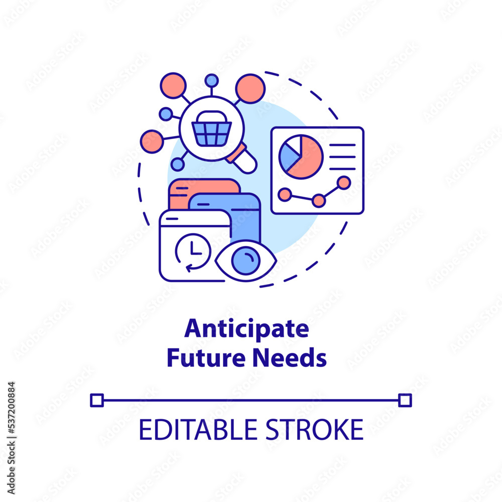Anticipate future needs concept icon. Customer behavior analytics. Personalization abstract idea thin line illustration. Isolated outline drawing. Editable stroke. Arial, Myriad Pro-Bold fonts used Anticipate future needs concept icon. Customer behavior analytics. Personalization abstract idea thin line illustration. Isolated outline drawing. Editable stroke. Arial, Myriad Pro-Bold fonts used