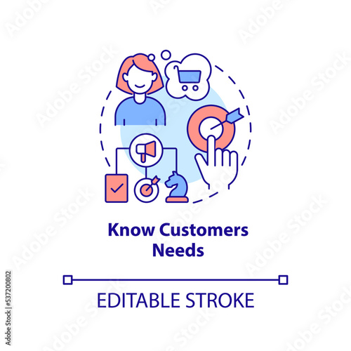 Knowing customers needs concept icon. Personalized marketing plan. Target audience abstract idea thin line illustration. Isolated outline drawing. Editable stroke. Arial, Myriad Pro-Bold fonts used