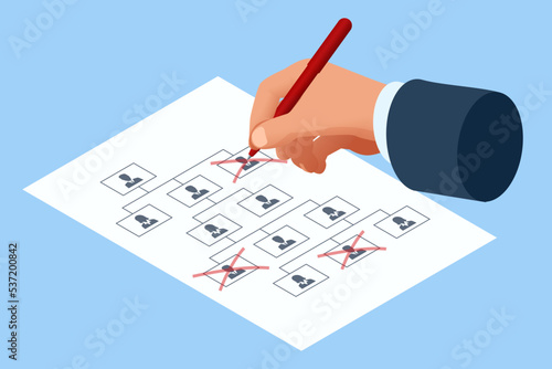 Isometric Organisational Restructuring. Staff Unemployment, job Cuts. Demotion, Bad worker, Staff cuts. Human resources, Demote. Reductions and Work Layoffs Due to Restrictions. Lay off Employees photo