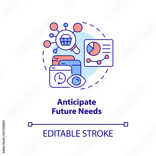 Anticipate future needs concept icon. Customer behavior analytics. Personalization abstract idea thin line illustration. Isolated outline drawing. Editable stroke. Arial, Myriad Pro-Bold fonts used