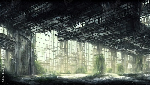 Abandoned plant overgrown with vegetation. concept art  interior.