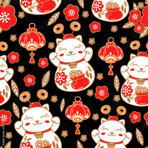 Cute pattern with maneki neko cats, good luck symbols and bright сhinese lanterns.