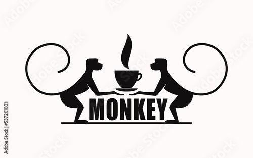 Monkey with a cup of coffee or tea. Logo or badge for coffee shops and cafes. Vector illustration. Special logo