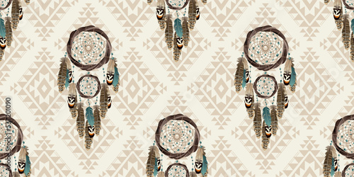 Seamless beige pattern with dreamcatcher. Ethnic design, mystic tribal symbol. Vector illustration. Great for textile, print, paper, t-shirt design