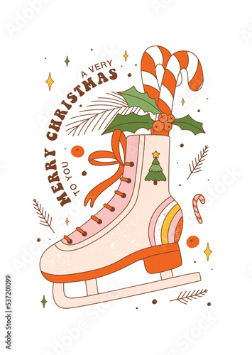 Greeting card with Christmas ice skates. Roller skate with candy cane, rainbow in 70s style. Typography A Very Merry Christmas To You. Vector illustration for holidays postcard, invitation etc.