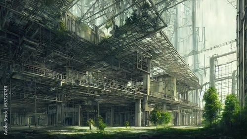Abandoned plant overgrown with vegetation. concept art  interior.