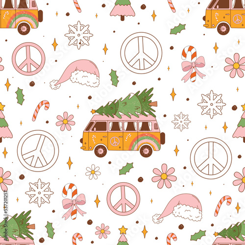 Christmas retro seamless pattern with groovy truck, Santa Claus hat, candy cane, hippie flowers, spruce and decorative peace symbols. Vintage vector for  wrapping paper, packaging etc.