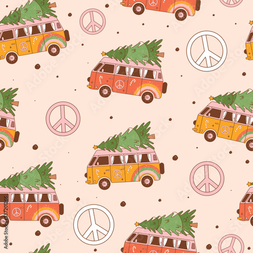 Christmas retro seamless pattern with groovy truck, spruce and decorative peace symbols. Vintage vector for winter holidays postcard, invitation, wrapping paper; packaging etc.