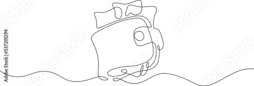 One continuous line. Wallet with banknotes. Money in a leather wallet. Flat minimal icon. One continuous line on a white background.