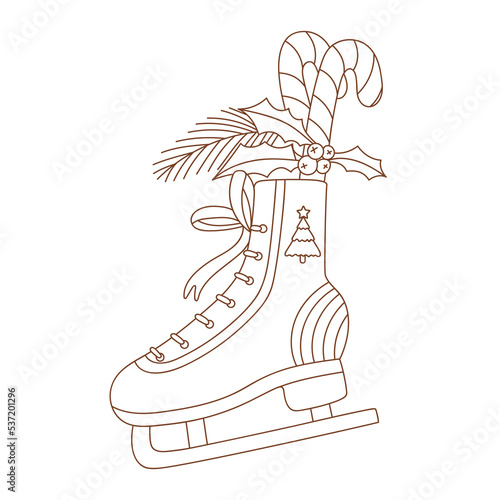 Coloring page outline of Christmas ice skates. Outlined roller skate with candy cane, holly, rainbow, spruce. Coloring vector book antistress for adult and kids.