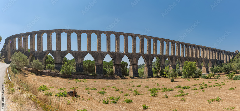 Panoramic view at the Pegões Aqueduct or Convento de Cristo Aqueduct, a portuguese monument in Tomar city, Pegões Valley