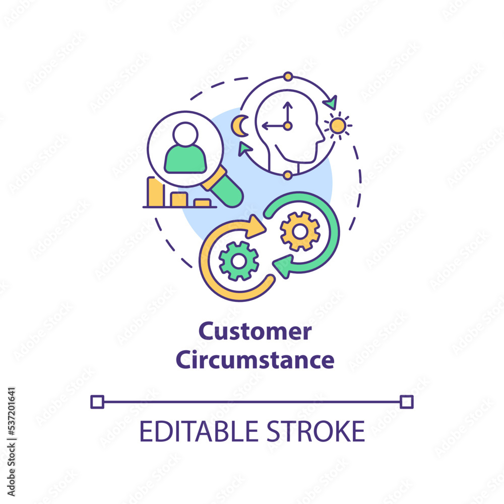 Customer circumstance concept icon. Know your client. Behavioral marketing research abstract idea thin line illustration. Isolated outline drawing. Editable stroke. Arial, Myriad Pro-Bold fonts used