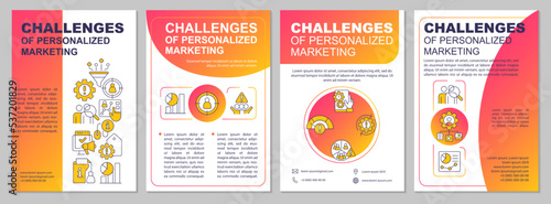 Personalized marketing challenges red gradient brochure template. Strategy. Leaflet design with linear icons. 4 vector layouts for presentation, annual reports. Arial, Myriad Pro-Regular fonts used