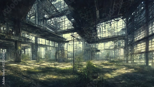 Abandoned plant overgrown with vegetation. concept art  interior.