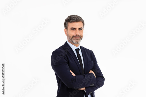 Businessman with arms crossed on white background 