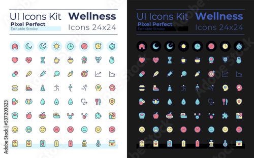 Wellness pixel perfect RGB color ui icons set for dark, light mode. Healthy lifestyle. GUI, UX design for mobile app. Vector isolated pictograms. Editable stroke. Montserrat Bold, Light fonts used