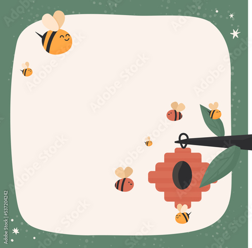 Honey bee card, cute poster with honey, sweet background, funny bug 
